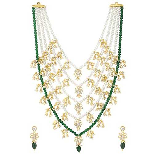 Peora Traditional Green Floral Multi Layered Long Necklace Earrings Jewellery Set For Women Girls