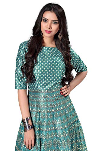 Zeel Clothing Silk A-line Long Printed Green Gown For Women's (Medium)