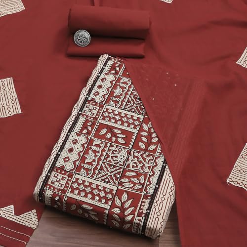 Biba Women Rust Cotton Hand Block Print Unstitched Suit Set_FREE SIZE
