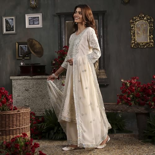 BIBA Women Off-White Cotton Silk Embroidered Kalidar Suit Set_42