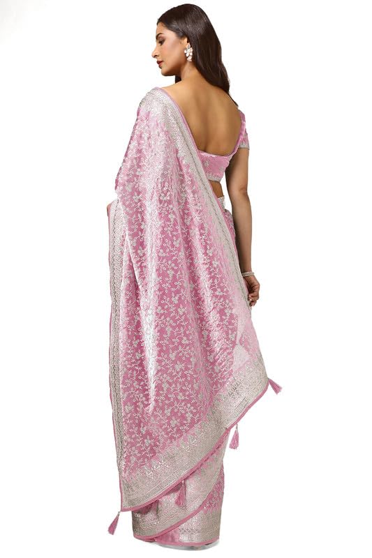 Soch Womens Onion Pink Organza Embroidered Saree With Stone Work