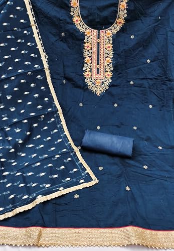 MANVAA Women'S Blue Unstitched Heavy Embroidery And Fancy Border Chanderi Cotton Dress Material (IN2052BLU)