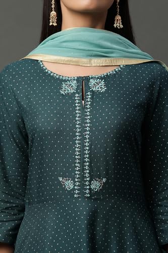 W for Woman Women's Rayon Kurta, Straight Pant & Dupatta (23AUSTWS10104-119928_Teal Green