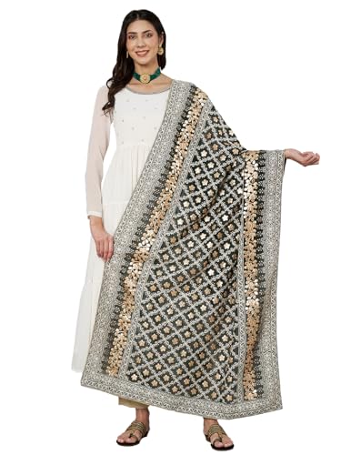 MUFFLY Georgette Lucknowi Dupatta with Gotta Patti Work | Dupatta for Women's | Golden Gota Patti Work | Lucknowi Fabric | Perfect For Ethnic Wear & Casual Wear | 2.5 Mtr | Olive Green Color |