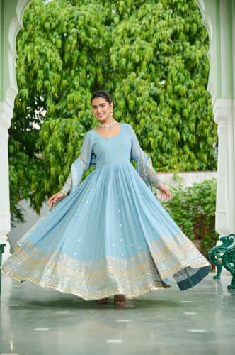 Mehervaa by vinni Women's Anarkali Gown with Dupatta, Sky Blue, Embroidered Golden Border, Long Sleeve, Ethnic (in, Alpha, L, Regular)