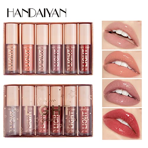 HANDAIYAN LIGHT LIPGLOSS SET - 12 Shades of Nude Lip Gloss, Clear Lip Gloss, and Sexy Liquid Lipstick for Women Lipstick Combo Pack WITH NEW AND IMPROVED APPLICATOR LID(SET A+SET B) (12 LIPGLOSS COMBO)