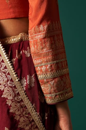 Wishful Women's Orange Zari Embroidered Jacquard Blouse with Flared Maroon Skirt and Dupatta Set (SP13159-314462-XL)
