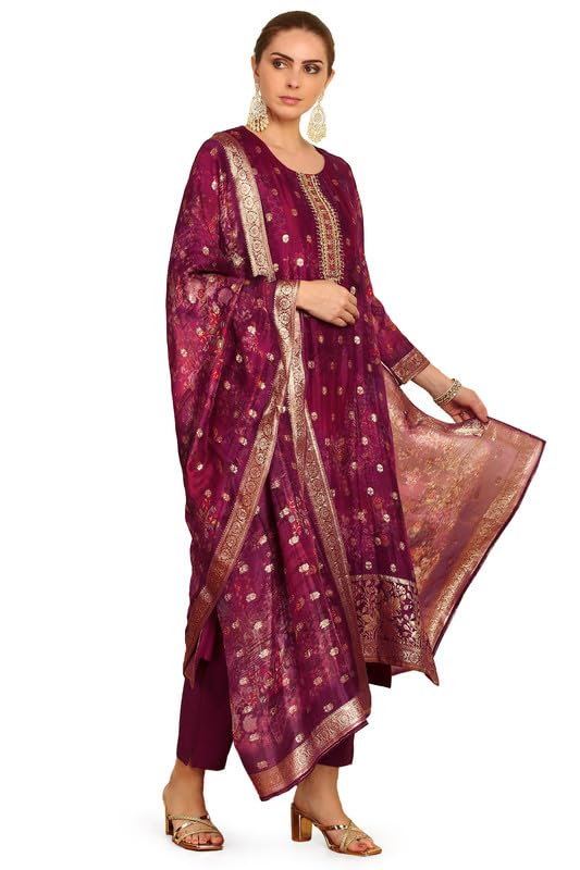 Soch Womens Magenta Floral Printed Organza Suit Set