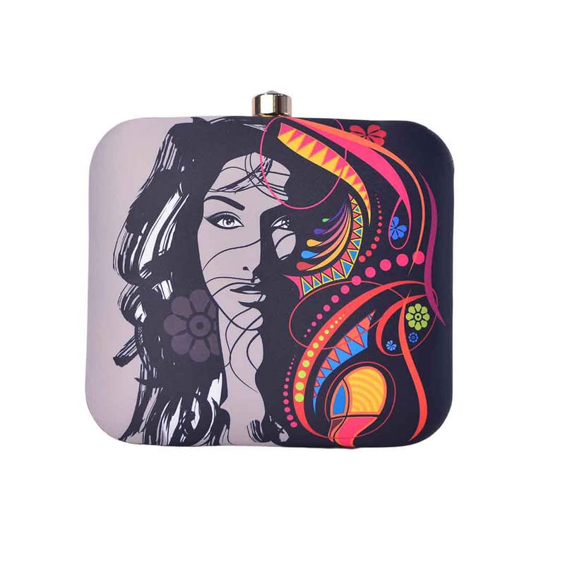 Artklim Color Blocked Girl Face Graphic Clutch