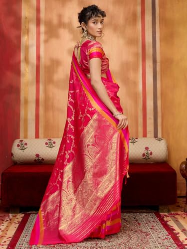 AKHILAM Women's Pink Pure Silk Ethnic Motif Printed Saree With Unstitched Blouse Piece (COLOURS005_RJ)