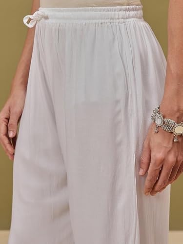Ada Lucknowi Chikankari Hand Embroidered Rayon Wide Leg Pant Palazzo for Women A711200 White (S)