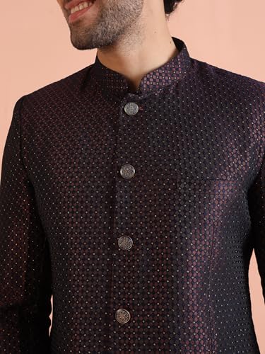 KISAH Men's Jodhpuri Bandhgala-Blazer Trouser Set, Magenta Silk Blend, Woven Design Regular Fit Mandarin Collar Long Sleeves (38)
