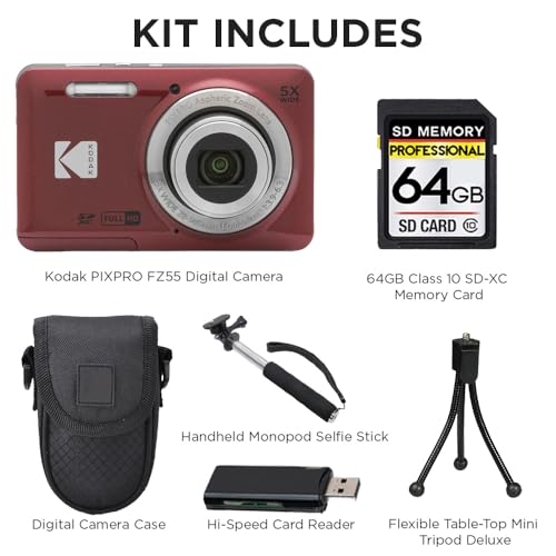 Kodak PIXPRO FZ55 Digital Camera, 16MP Compact Point & Shoot, 5X Optical Zoom, 28mm Wide Angle Lens, 1080P HD Video, Red + 64GB SD Card, Case, Selfie Stick, Mini Tripod & USB Card Reader