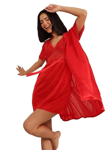 Clovia Women's Satin Solid Short Night Dress & Robe (NS1054P04_Red_S)