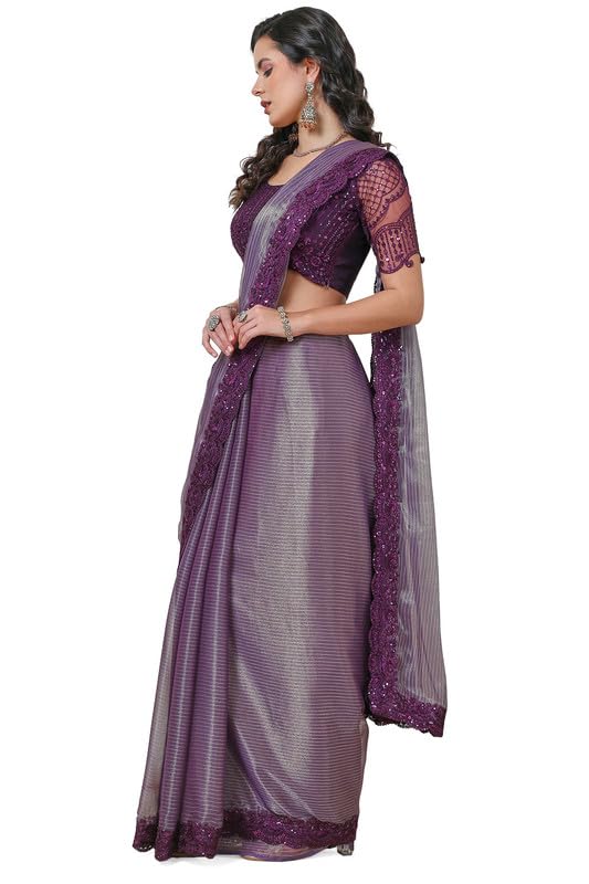 Soch Womens Purple Georgette Striped Saree with Sequins Border