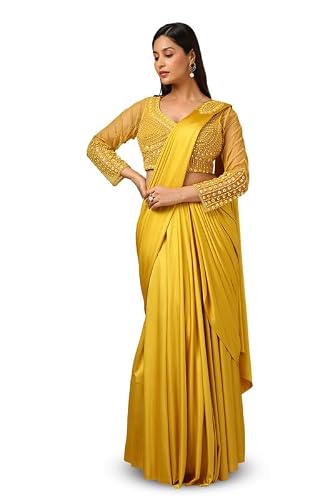 Soch Womens Mustard Beads Embellished Nylon Blend Ready-To-Wear Saree