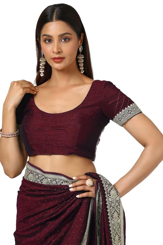 Soch Womens Maroon Zari Embroidery Tussar Saree With Stone Embellish