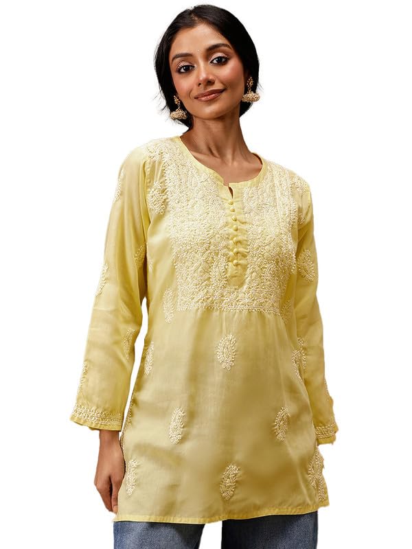 Ada Hand Embroidered Yellow Cotton Short Kurta Kurti Lucknow Chikankari Top Tunic for Women A911464 (2XL)