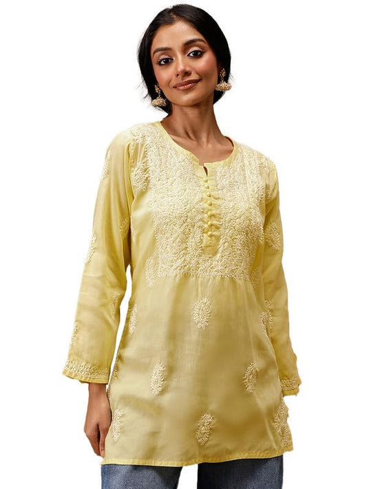 Ada Hand Embroidered Yellow Cotton Short Kurta Kurti Lucknow Chikankari Top Tunic for Women A911464 (2XL)