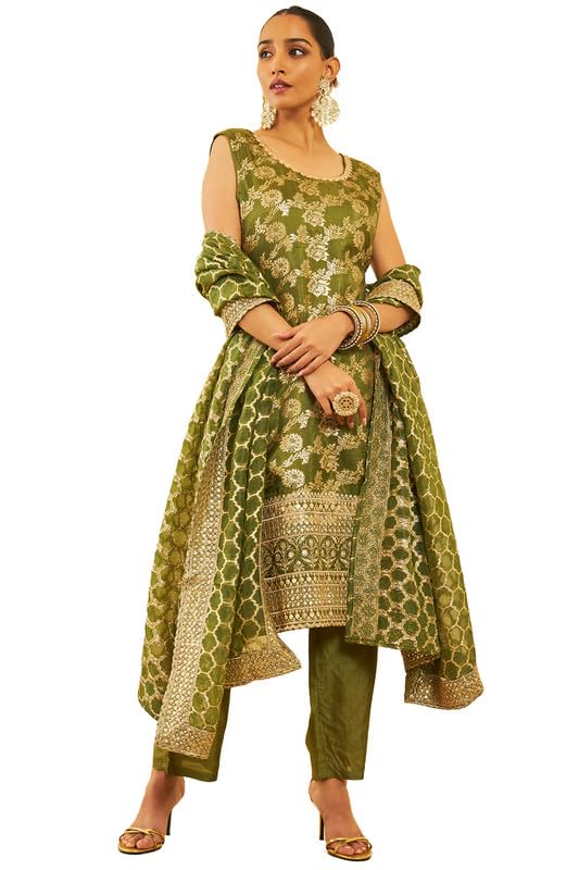 Soch Womens Green Silk Blend Brocade Patterned Suit Set With Sequins