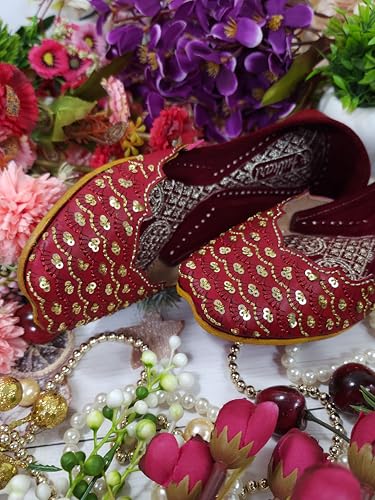 Fulkari Women Red SeaSand Gold Casual Genuine Soft Leather Jutis | Bite and Pinch Free Juttis | Punjabi Jutti | Girl's Office Flat Ladies Mojari | dailywear Ethnic Juti | 39