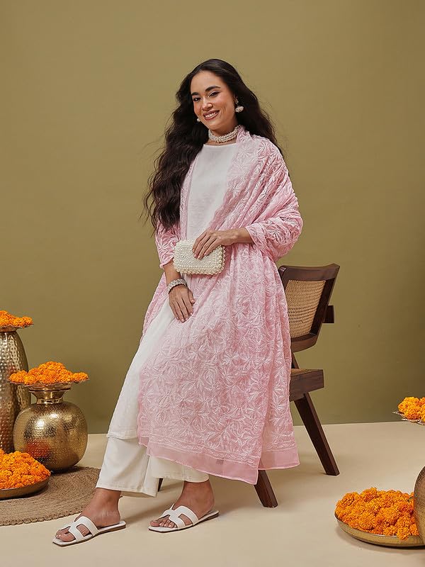 Ada Hand Embroidered Lucknowi Chikankari Georgette Ethnic Wear Dupatta stole for Women A511230 Pink
