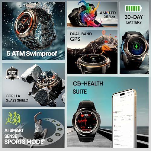 CrossBeats Armour Pro AI Premium Smart Watch for Man, Latest 1.43” AMOLED Always on Display,5 ATM Waterproof,Compass,30-Day Battery, GPS,BT Calling Smartwatch,150+ Sports Modes,BP,HR,SPO2,Android,iOS