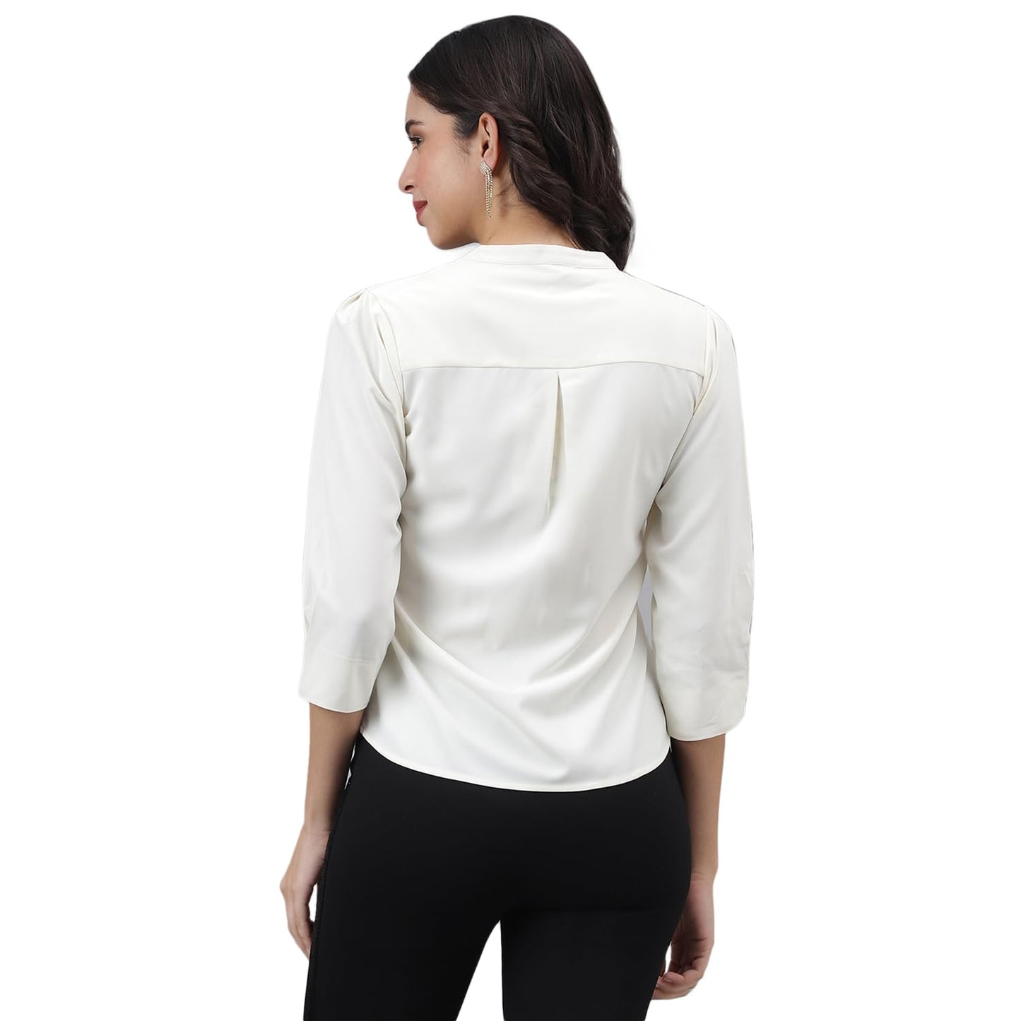 Latin Quarters Women Ivory 3/4 Sleeve Mandarin Collar Solid Top_XXL