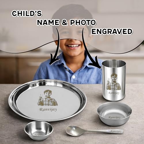 Savri Personalized Stainless Steel Dinner Set for Kids –Custom Laser Photo Printed Plate, Bowl,Glass & Spoon with Name & Cartoon Design | 5-Piece Kids Meal Set | Birthday, Return & Daily Gift (Silver)