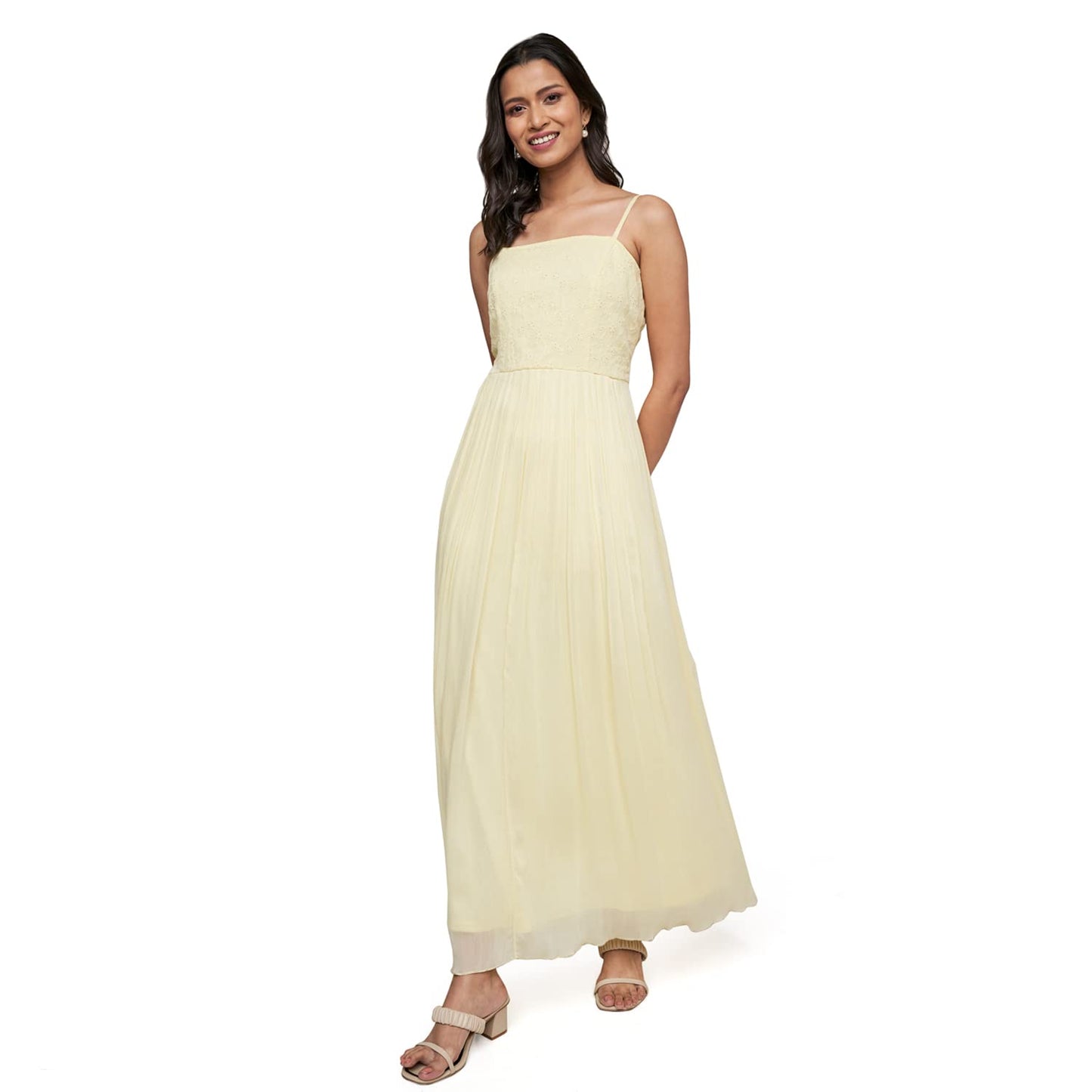 AND Women's Viscose Fit Flare Long Length Gown (EE23AB010MXCHB_Yellow_14)