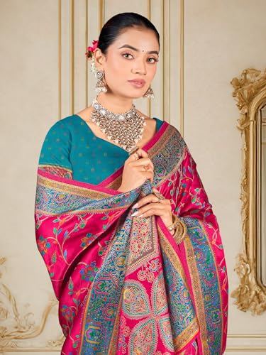 Glory Sarees Women’s Luxurious Dola Satin Pure Silk Original Saree Position Print Work Madhubani Inspired Motifs Banarasi Kanjivaram Style Saree With Blouse Piece (Elegant105_Pink)