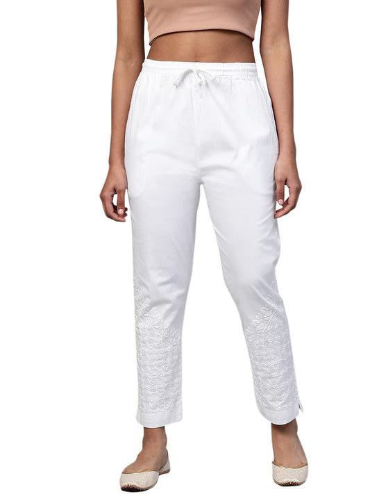 Ada Hand Embroidered Lucknowi Chikankari Straight White Cotton Palazzo Pant Trouser for Womens A711127 (2XL)