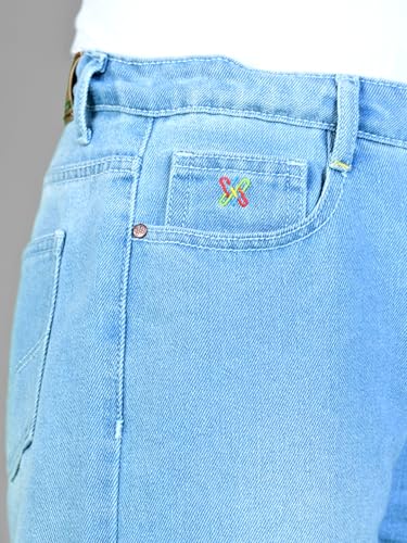 Knit N Knot Girls' Kids Premium Ice, Light Blue Wide Leg Flared Fit Relaxed Loose high Waist Ripped Ruptured Jeans | Casual Festival Occassional wear | Non Stretch | Frayed Bottom | Adjustable Waist