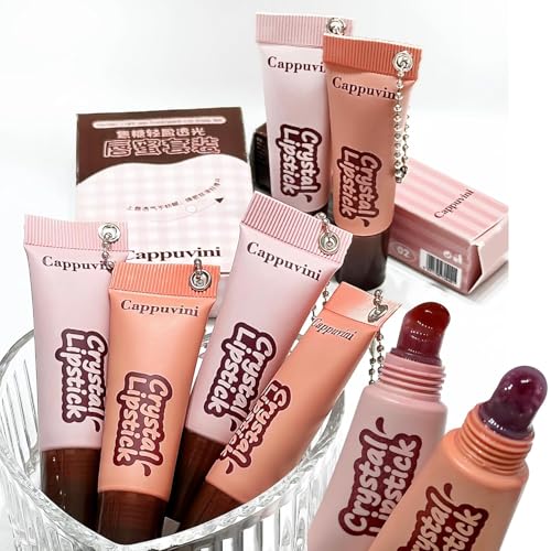 Cappuvini Crystal Lip Glaze | Transparent Jelly Texture | Long Stay with Lip Care Benefits | Adorable Keychain Packaging | Long-Lasting Lip Glaze with Glossy Finish | Light Pink & Purple Shades for Women | Korean Style Makeup for Girls & Teens (01# Strawb