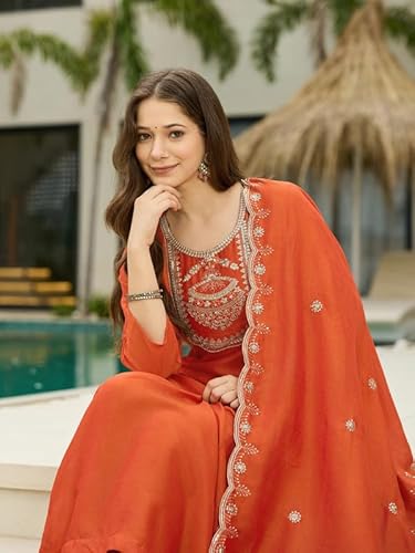 AVYUKTHA | Women Ethnic Motifs Embroidered Kurta with Trors & Dupatta | Traditional Thread Work Kurta Set for Festive & Daily | Orange, Size- M
