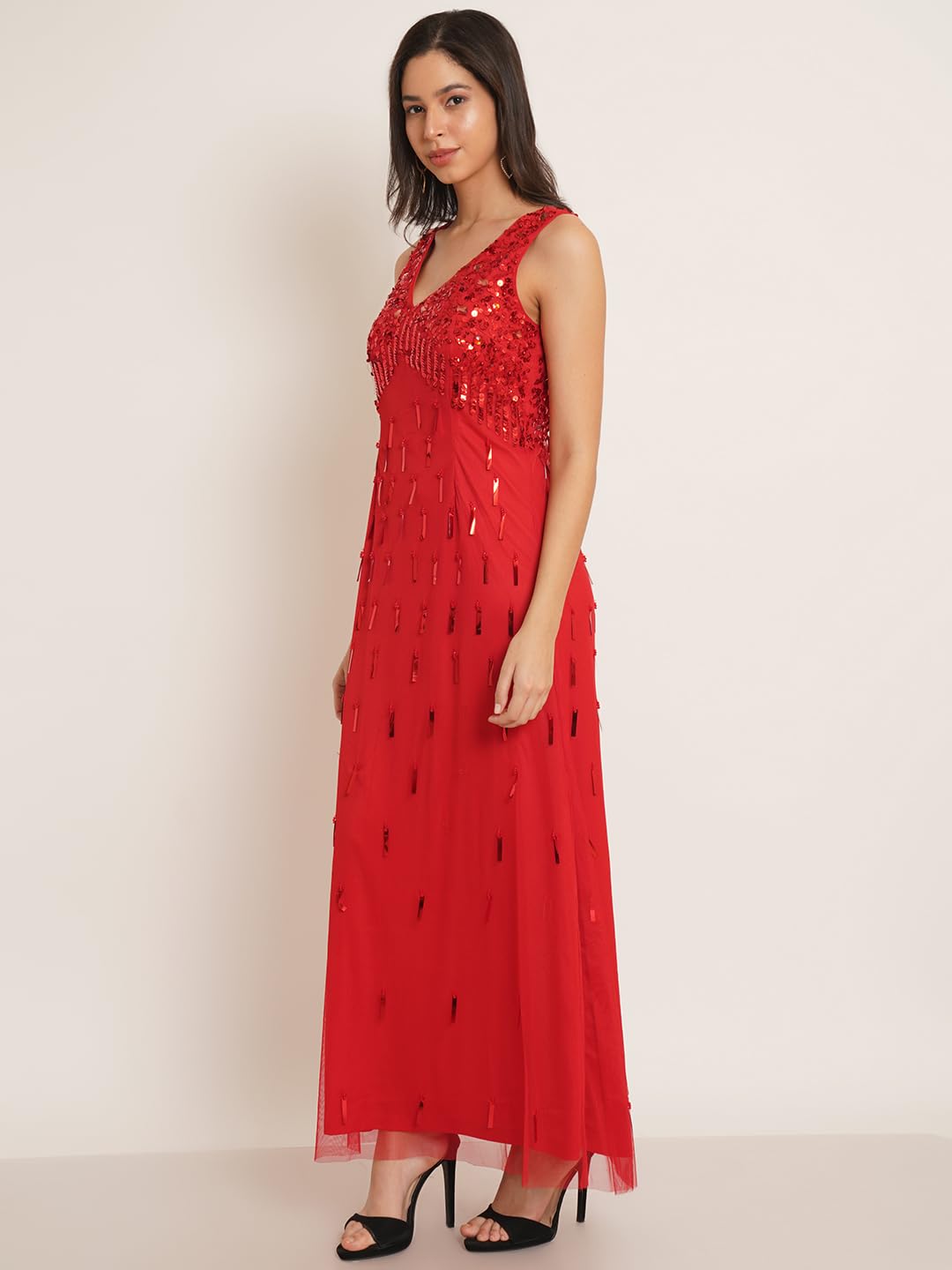 9 Impression Women Embellished V-Neck Maxi Gown (Red; S)