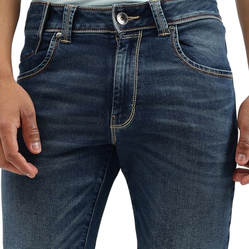 United Colors of Benetton Solid Slim Tapered Fit Mid Wash Worn Knit Jeans (Size: 34)-25A4REJE1306I901 Blue