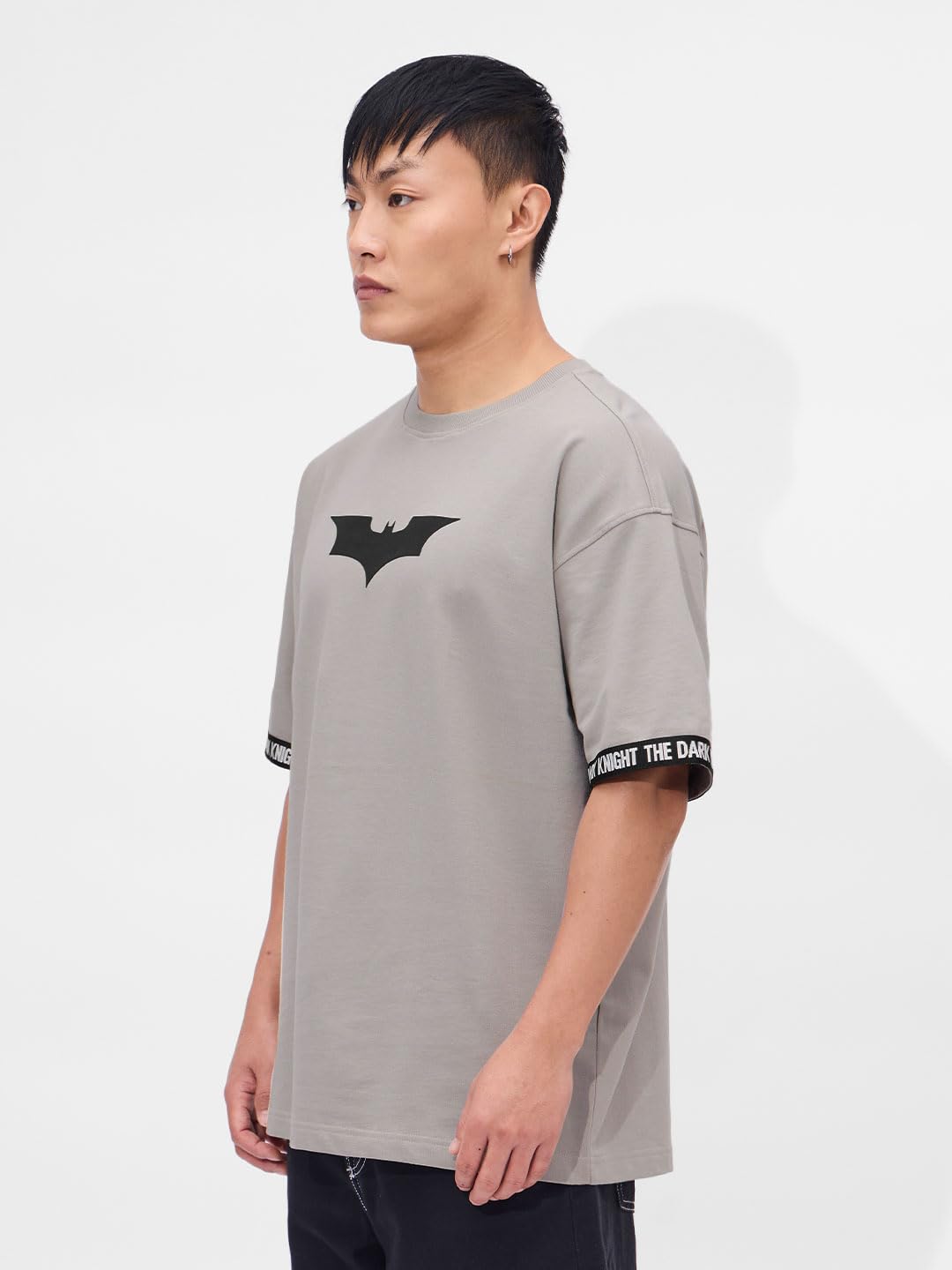 The Souled Store Official Batman: Logo Men and Boys Short Sleeves Round Neck Grey Graphic Printed Cotton Oversized T-Shirts
