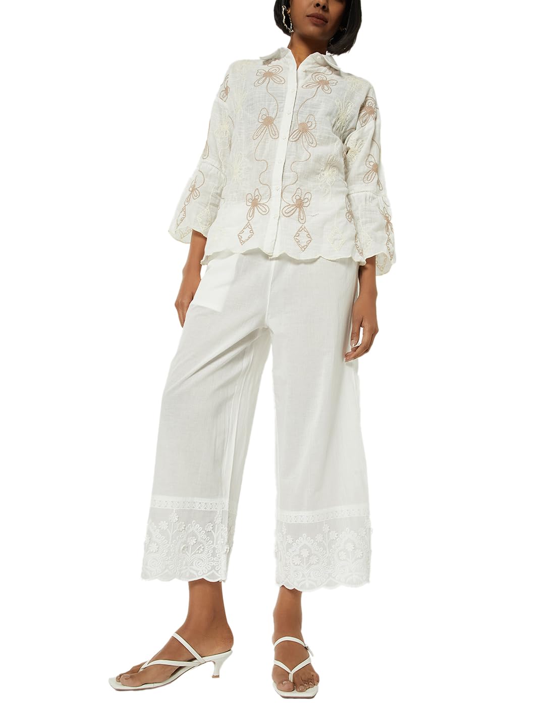 Max Women Embroidered Palazzos with Scalloped Hem (White_XXL)