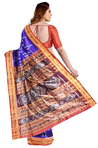 BTHIKIRI Odisha Sambalpuri Handloom Ikat Traditional Women's Pure Khandua Silk Saree Without Blouse (Navy Blue,Red, BTHI 5410)