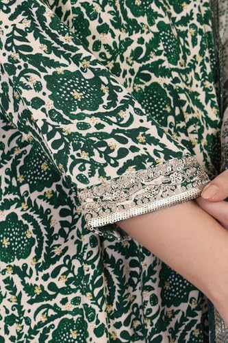 W for Woman Green Printed Block Print Embellished Anarkali Kurta with Straight Pant and Dupatta Set (WS13177-126083-L)
