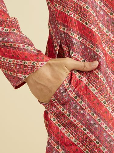 Manyavar Men's Cotton Blend Diagonal Print Kurta Pyjama Set (Orange,M)