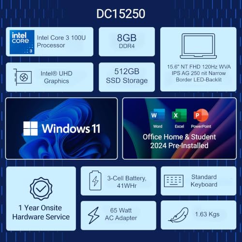 Dell 15 (Previously Inspiron) 13th Gen Intel Core i5-1334U Processor, 15.6" FHD, 120Hz, IPS, Anti-Glare Display, 8GB DDR5 RAM, 512GB SSD, Win 11 + Office H&S 2024, Silver, 1.63 Kg Thin & Light Laptop