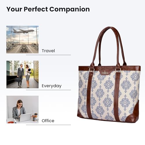 THE CLOWNFISH Miranda Series 15.6 inch Laptop Bag For Women Printed Handicraft Fabric & Faux Leather Office Bag Briefcase Hand Messenger bag Tote Shoulder Bag (Off White)