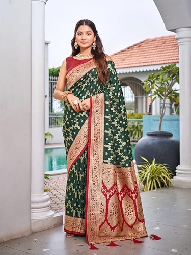 MANOHARI Women's Most Trendy Banarasi Satin Silk Woven Green & Red Saree With Heavy Jacquard Work Saree With Blouse Piece_MN2065
