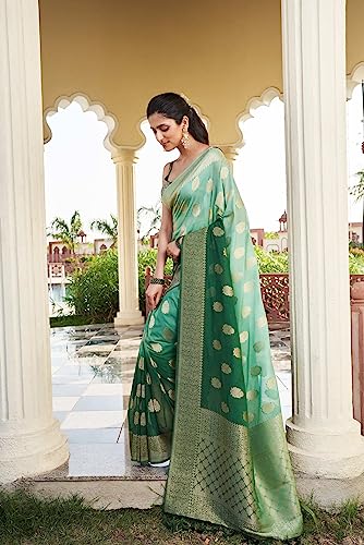 Vardha Women's Banarasi Georgette Saree with Unstitched Blouse Piece - Gold Zari Woven Work Sarees for Wedding (Mahika_679)