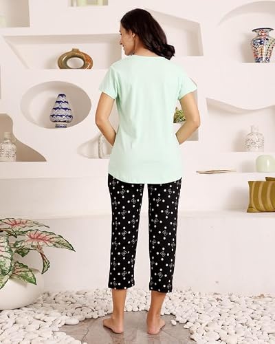 BODYCARE Women's Cotton Printed T-Shirt and Capri Set | Soft & Breathable Nightwear | Short Sleeves | Loungewear Co-Ord Set| BSCS16018_100 Multicolour