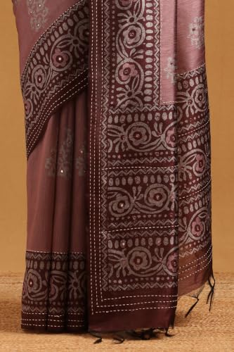 Soch Womens Onion Pink Tussar Kantha Embroidered Saree With Faux Mirror