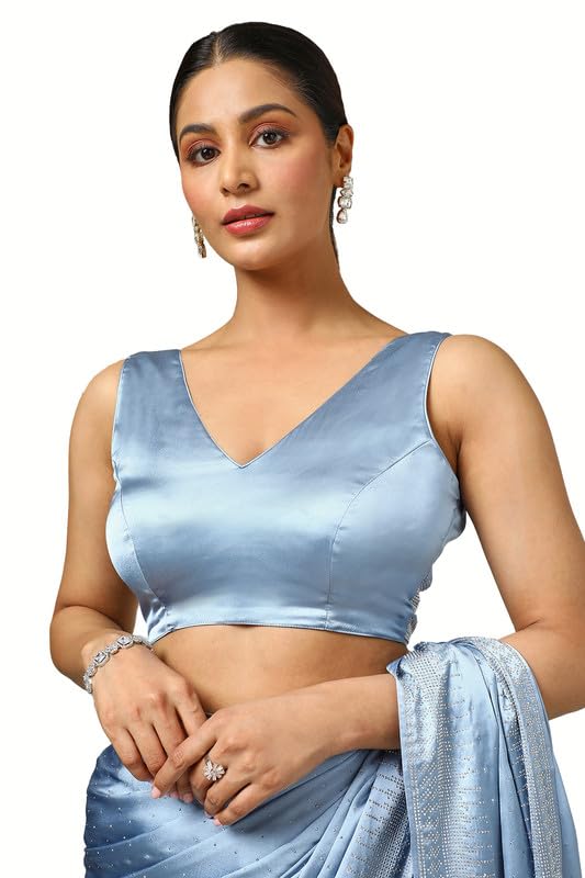 Soch Womens Powder Blue Satin Embellished Saree With Stone Work