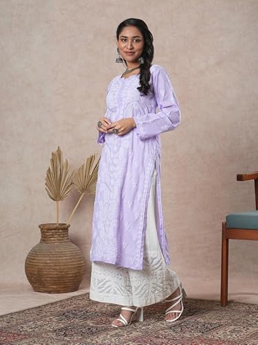 Ada Hand Embroidered Lucknowi Chikankari Cotton Straight Kurta Kurti for Women A411677 Lavender (M)